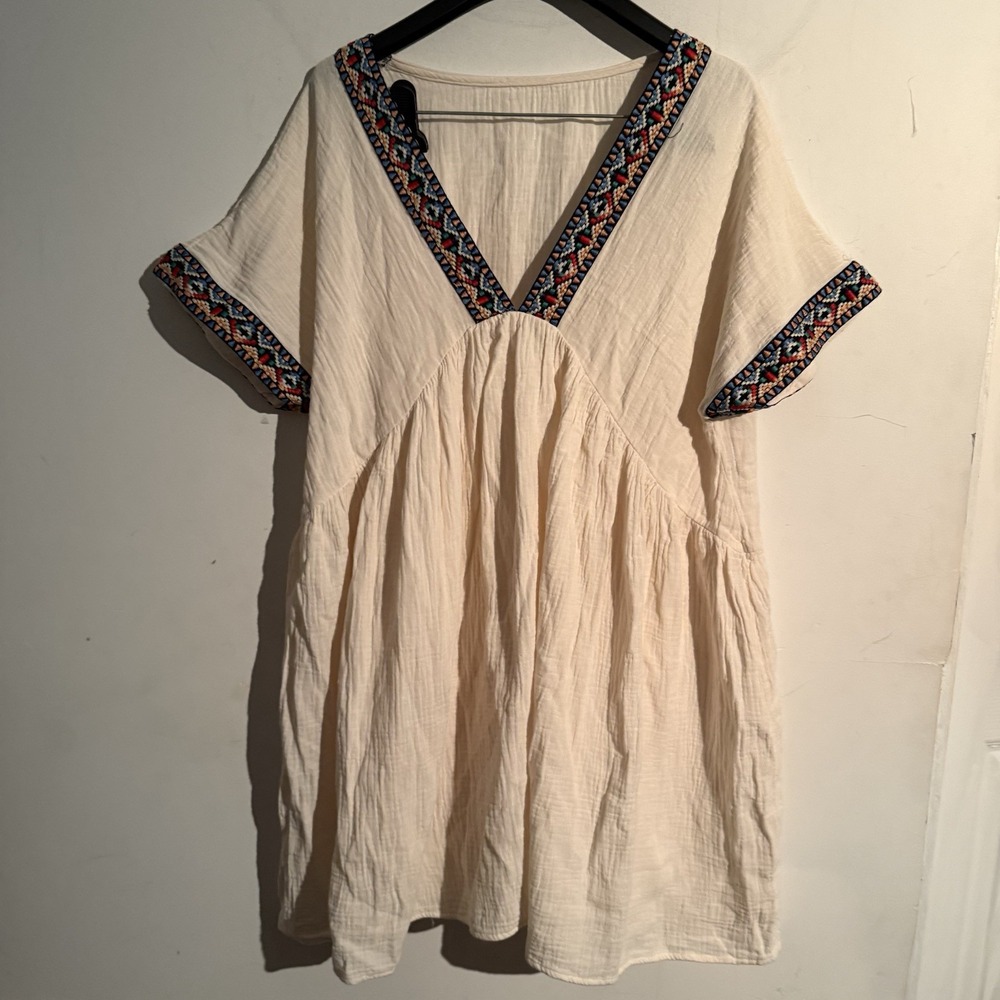 Cupshe Large Plunging Boho Trim Mini Beach Dress Coverup Gauzy Embroidered